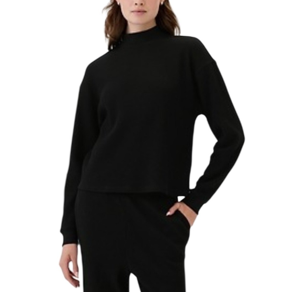 NWT Gap Womens Relaxed Waffle Wedge Mockneck Top Black Medium Oversized Cotton‎